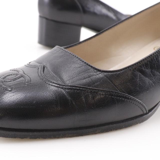 CHANEL シャネル スクエアトゥ ココマーク なめし革 黒 パンプス レディース 【中古】
