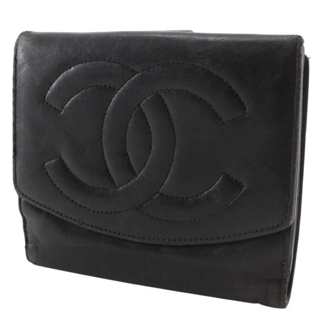 CHANEL シャネル ココマーク ラムスキン 黒 二つ折り財布 レディース