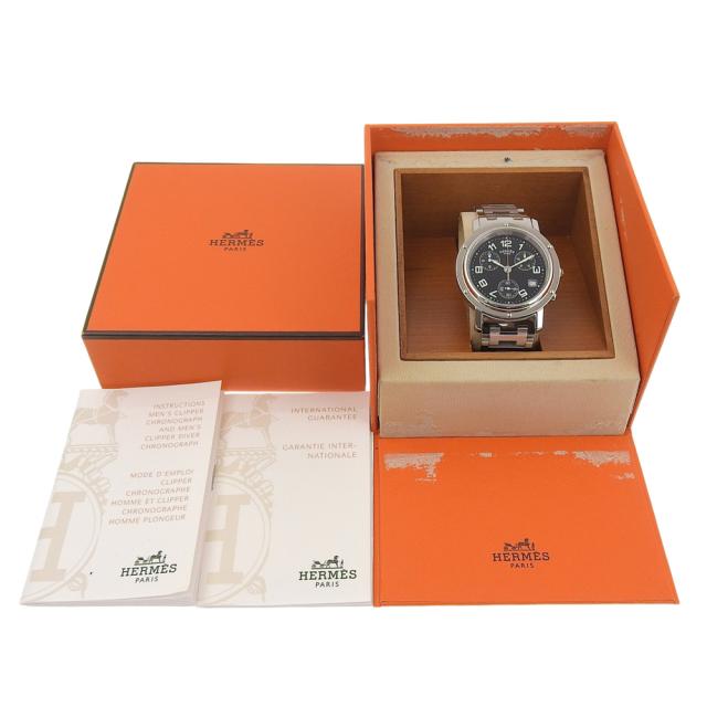 HERMES エルメス クリッパー CL1.910 SS クオーツ クロノグラフ 黒文字盤 腕時計 メンズ_7