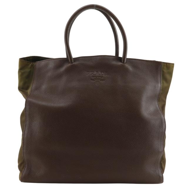 PRADA プラダ ロゴ型押し トートバッグ カーフ 茶 ハンドバッグ ユニセックス 【中古】
