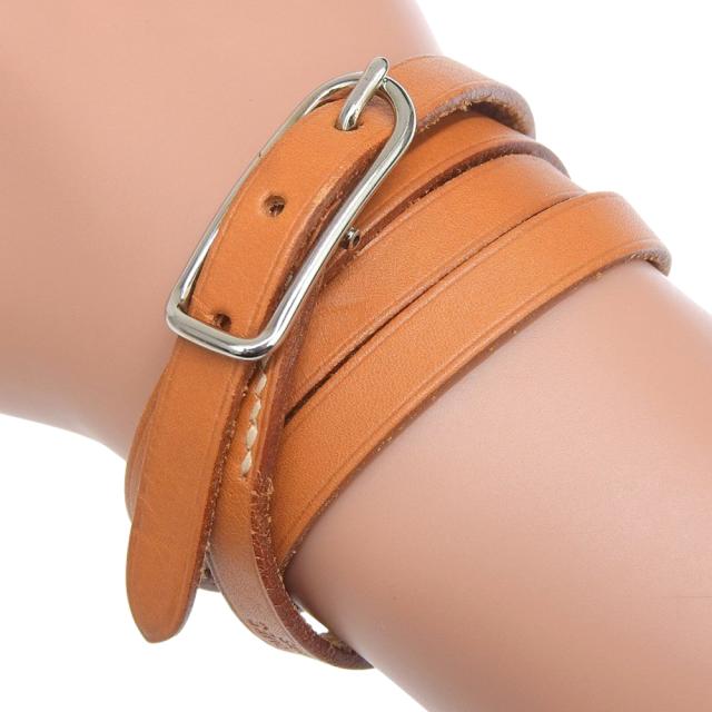 HERMES エルメス アピ1 ロング レザー 茶/シルバー金具 ブレスレット 9.5g ユニセックス