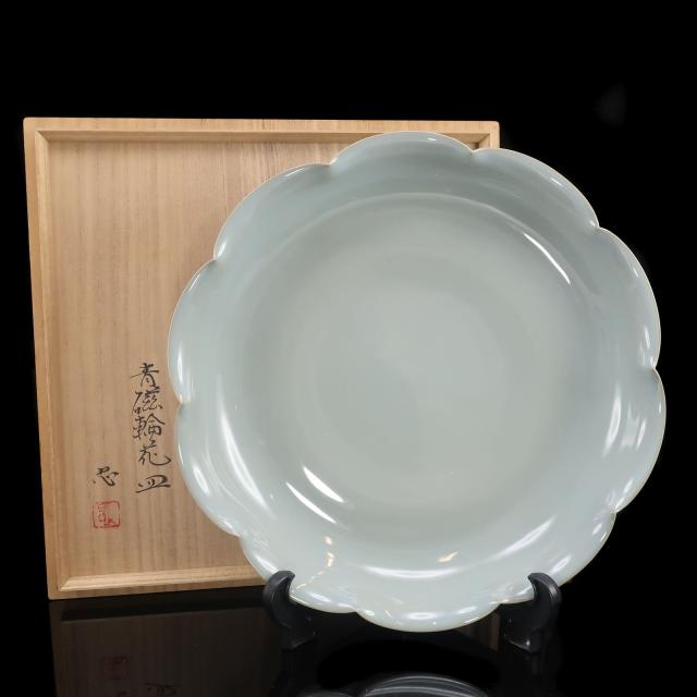 川瀬忍 造 青磁輪花皿 直径：33.5cm 陶磁器 骨董品 _ 【中古】