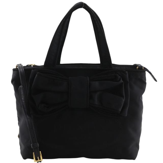 PRADA プラダ ロゴ リボン 2WAYショルダー ナイロン 黒 ハンドバッグ レディース 【中古】