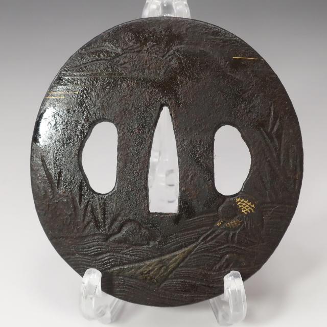 時代物 無銘 鉄地 金象嵌 投網漁夫図 鍔 刀装具 鉄製 骨董品 _ 【中古】