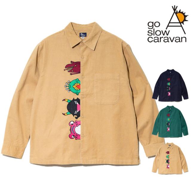 go slow caravan 長袖シャツ 神出鬼没 モンスター 前立て 刺繍 コーデュロイ 長袖 シャツ ユニセックス おしゃれ カジュアルシャツ アウトドア フェス 350223_1