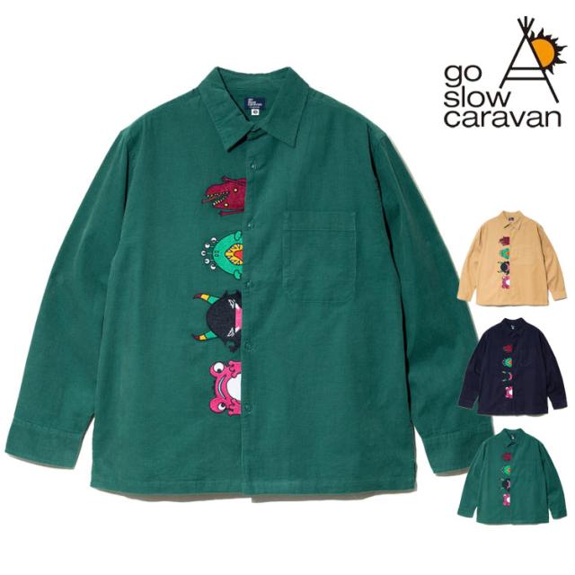 go slow caravan 長袖シャツ 神出鬼没 モンスター 前立て 刺繍 コーデュロイ 長袖 シャツ ユニセックス おしゃれ カジュアルシャツ アウトドア フェス 350223_2