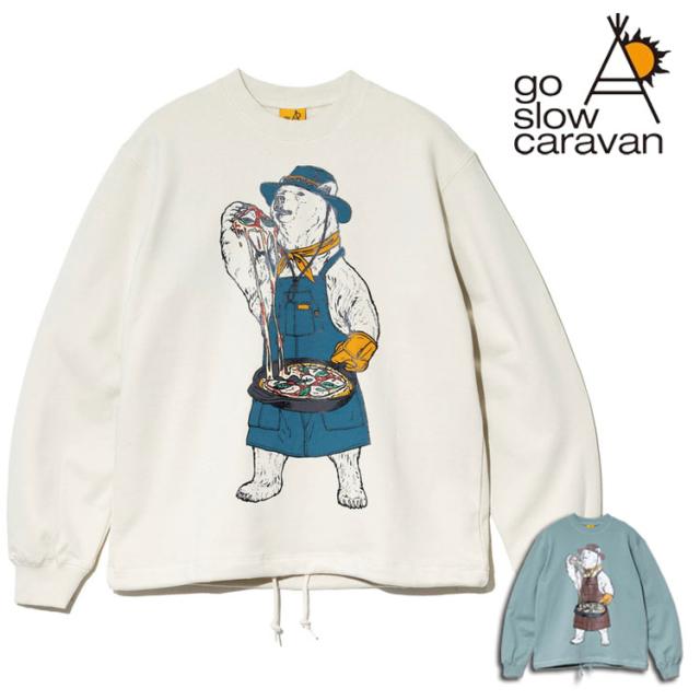 go slow caravan スキレット ピザ クマ プリント ヘムスピンドル クルー スウェット キャンパー 熊 クルーネック ロングスリーブ 長袖 空紡糸裏毛 ヘビーウェイト 裾口 スピンドル仕様 トップス アウトドア キャンプ 352606
