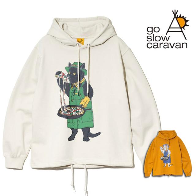 go slow caravan ヘムスピンドル フーディー スキレット ピザ 猫 プリント スウェットパーカー キャンパー ネコ 空紡糸裏毛 ヘビーウェイト 裾口 スピンドル仕様 アウトドア キャンプ 352607