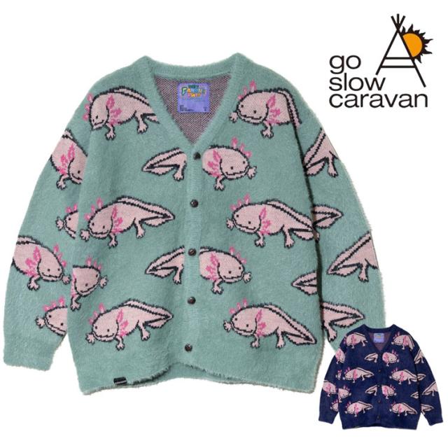 go slow caravan ウーパールーパー 柄 カーディガン IMPACT シャギー MIX ジャガード ニット カーデ ジャガードニット ダブルジャガード カジュアル ユニセックス アウトドア 356108