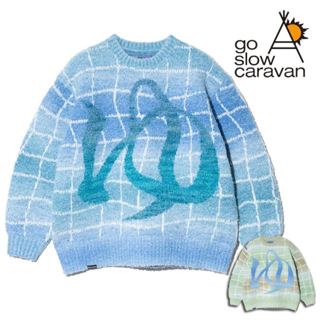 go slow caravan 「ゆ」 ゆったり銭湯 MIX ニットセーター 総柄 グラデーション染 ブークレ糸 ゆったりサイズ クルーネック カジュアル 暖かい ユニセックス アウトドア フェス 防寒 356111