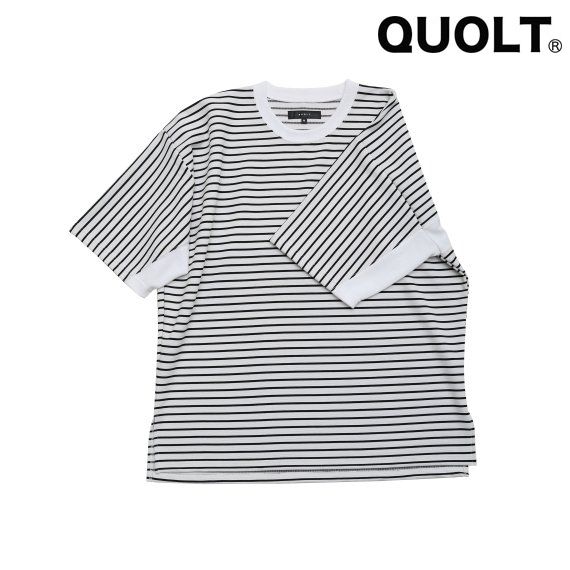 クオルト 5分袖 ニットソー QUOLT クルーネック 5部袖 Tシャツ ボーダー ユニセックス LINE-BORDER CUTSEW WHITE フェス 誕生日 プレゼント 901T-1663WHITE
