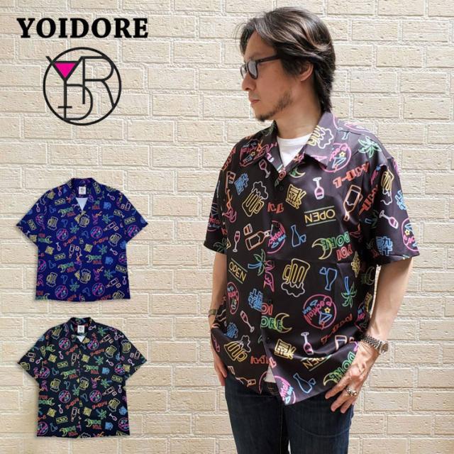 YOIDORE 酒 ネオン アロハシャツ 総柄 半袖シャツ よいどれ オープンカラー ボタンシャツ ルーズシルエット 酔いどれ ジョッキサイズ チルタイム ユニセックス 825711