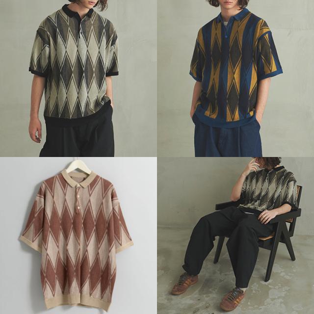 Revo. 3D 半袖 ポロシャツ 立体ジャガード アーガイル柄 サマーニット 総柄 オーバーシルエット ミドル丈 襟付き ルーズシルエット th-3633