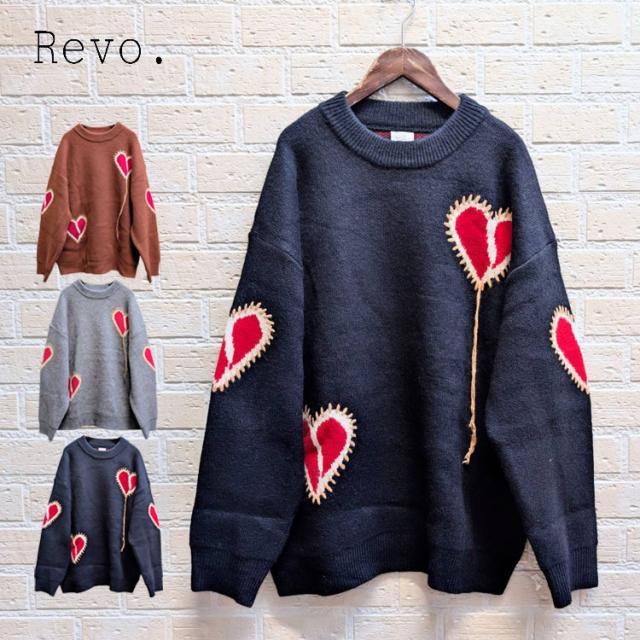 Revo. ハート柄 クールネック ニット セーター ジャガード ステッチ デザイン 厚手 ルーズフィット ドロップショルダー トレンド ストリート カジュアル オーバーサイズ メンズ レディース ユニセックス th-4011