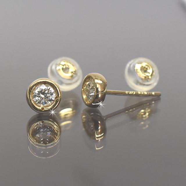 K18 　18金　イエローゴールド　チョコ留め丸タイプ　ダイヤモンド 一粒ピアス　直径2.3ｍｍ　ダイヤ 0.1ｃｔ_1