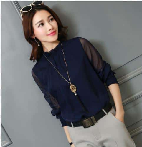 M ネイビー レディース ブラウス シフォン 長袖 シースルー フォーマル シャツ ハイネック フリル 透け感の通販はau Pay マーケット Unveil