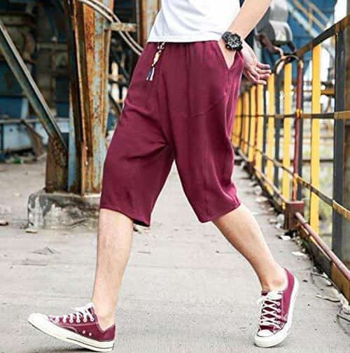 L サルエルパンツ 赤 ワインレッド メンズ ハーフパンツ サルエル ショートパンツ 麻 夏 七分丈 調整紐 Roi5の通販はau Pay マーケット Unveil