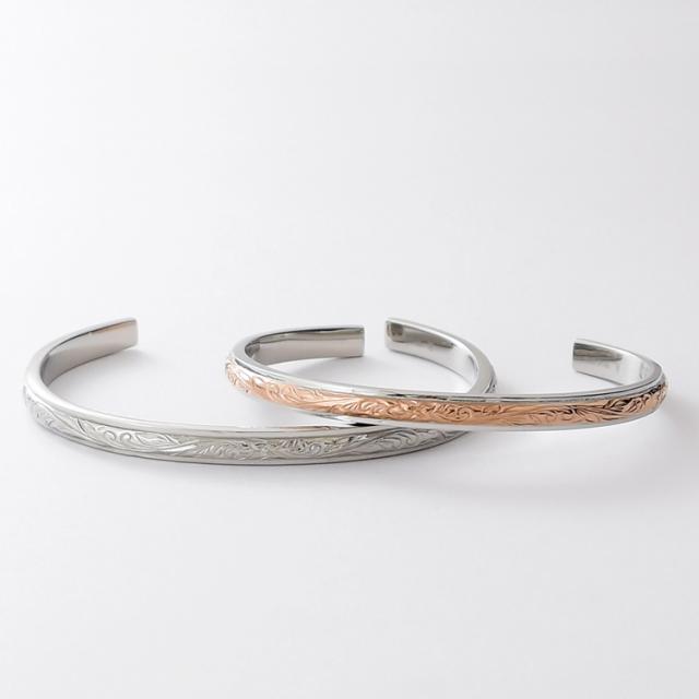ハワイアンジュエリー ペアバングル ペアブレスレット つけっぱなし 刻印 ステンレス 金属アレルギー対応 大人 シンプル プルメリア スクロール おしゃれ ハワイアン サージカルステンレス 2本セット価格 テラグラティア Terra-gratia lstb012st_strg_pair_1