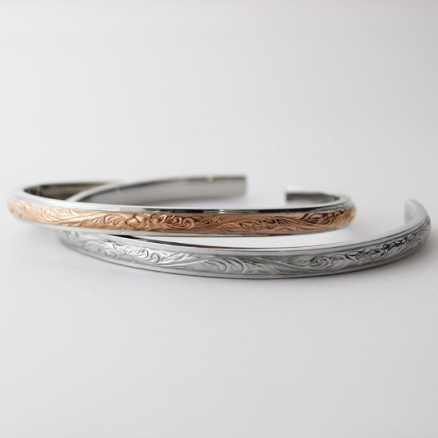 ハワイアンジュエリー ペアバングル ペアブレスレット つけっぱなし 刻印 ステンレス 金属アレルギー対応 大人 シンプル プルメリア スクロール おしゃれ ハワイアン サージカルステンレス 2本セット価格 テラグラティア Terra-gratia lstb012st_strg_pair_8