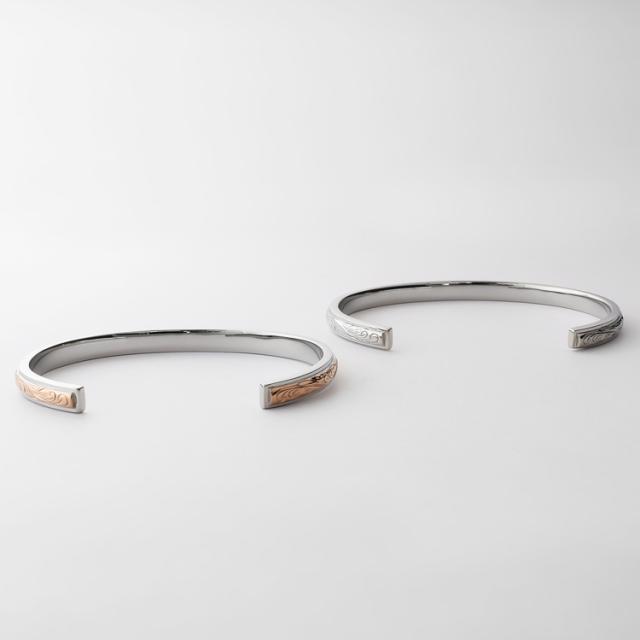 ハワイアンジュエリー ペアバングル ペアブレスレット つけっぱなし 刻印 ステンレス 金属アレルギー対応 大人 シンプル プルメリア スクロール おしゃれ ハワイアン サージカルステンレス 2本セット価格 テラグラティア Terra-gratia lstb012st_strg_pair_9