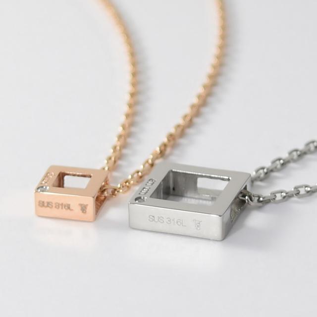 ペアネックレス 2本セット 金属アレルギー ステンレス サージカルステンレス 刻印 ダイヤモンド 合わせメッセージ スクエア シンプル おしゃれ つけっぱなし ペンダント スティールシルバーカラー ローズゴールドカラー 316L ノンアレルギー lstn026pair_11