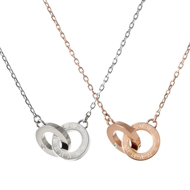 ペアネックレス 2本セット 金属アレルギー ステンレス サージカルステンレス 刻印 ダイヤモンド ローマ数字 インターロッキング インフィニティ シンプル おしゃれ つけっぱなし スティールシルバーカラー＆ローズゴールドカラー lstn027st_rg_pair