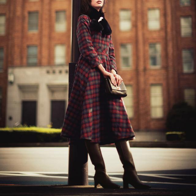 起毛チェック フレアワンピース ファッション ワンピース PC6083