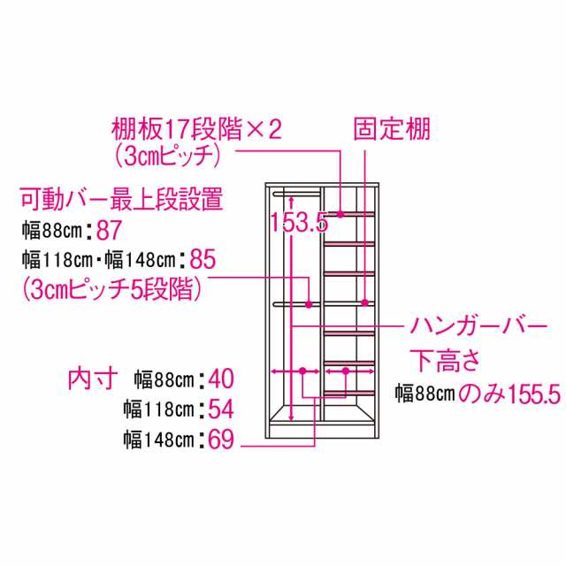 リビング収納 パーテーション 間仕切り 5段 壁面 ウォークインクローゼット 引き戸間仕切りワードローブ ハンガー＋棚・幅88cm 821134