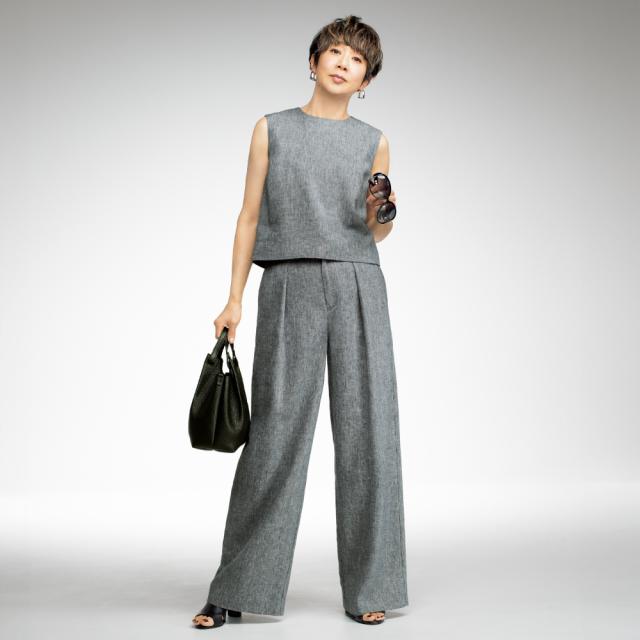 リネン混 ミニ千鳥 セミワイドパンツ パンツ ワイドパンツ 384002 リネン混 ミニ千鳥 セミワイドパンツ パンツ ワイドパンツ 384002