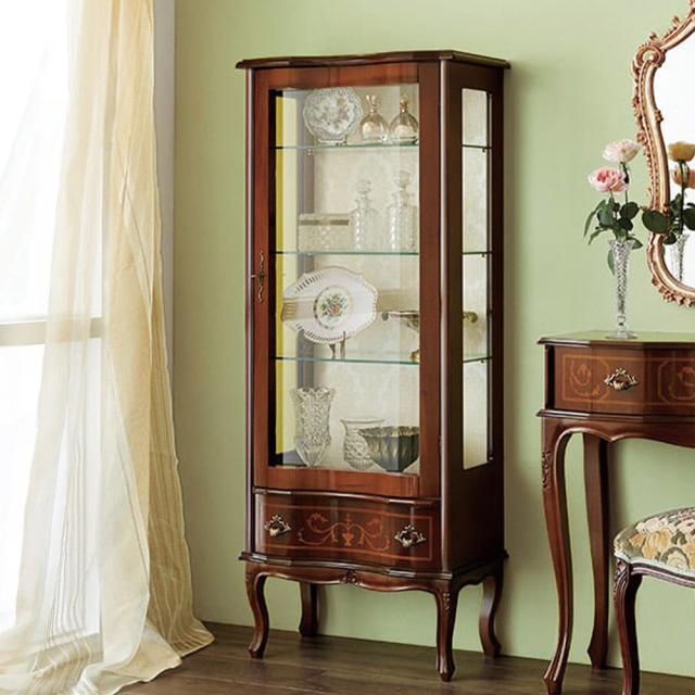 ○イタリア製 象嵌 マホガニー 真鍮装飾 ガラス天板 サイドボード 鍵付