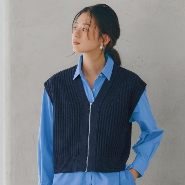 ラメ入り タック畦編み ジップアップ ジレ ジャケット ベスト ジレ 102901