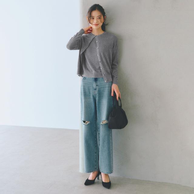 ダメージデニム セミワイドパンツ サステナブル 103104 ダメージデニム セミワイドパンツ サステナブル 103104