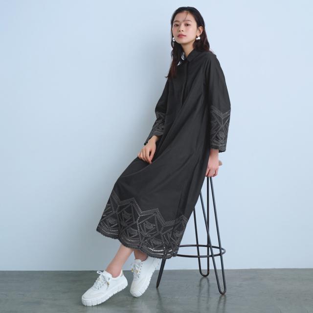 配色 カットワークレース シャツワンピース ワンピース マキシワンピース ロングワンピース 104102