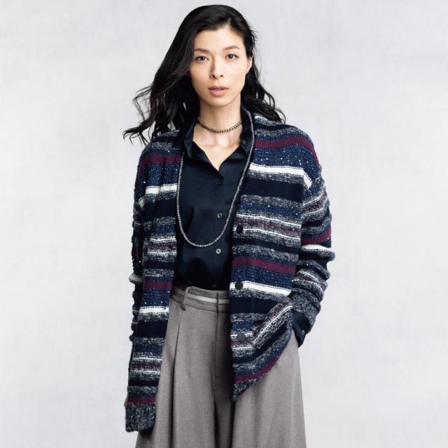 スパンコール糸使い ボーダー カーディガン カーディガン ボレロ ショートカーディガン 131302