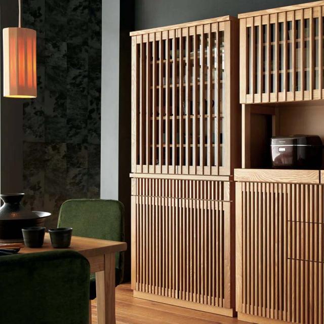 和モダン タモ天然木格子 ダイニングシリーズ 食器棚 幅90cm奥行44cm キッチン収納 キッチンボード 626501