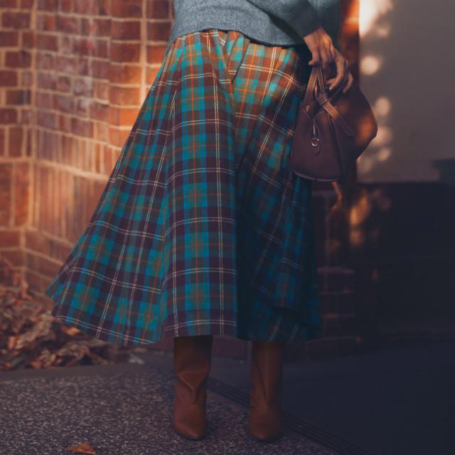 起毛コットン チェック柄 フレアスカート スカート プリント 柄スカート 132902