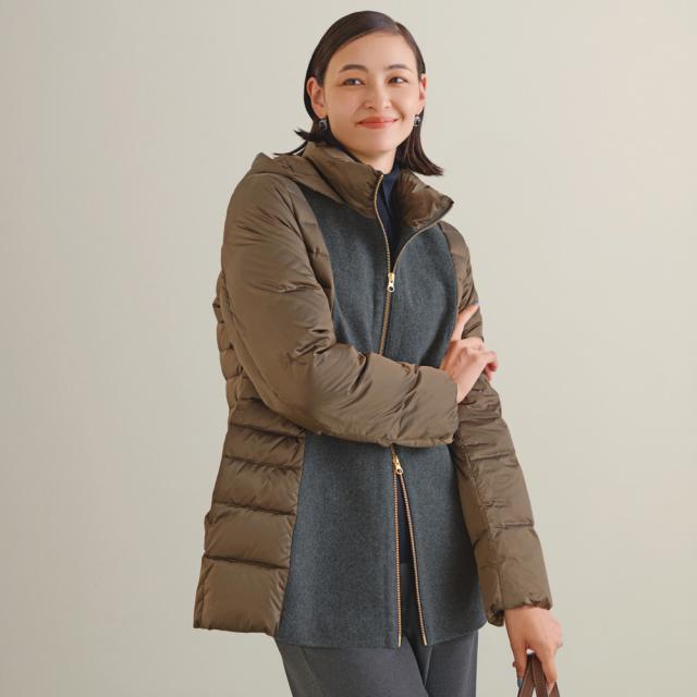 タフタ×ウール切り替え フーディ ダウンジャケット コート ダウンコート ジャケット ダウンベスト 135601