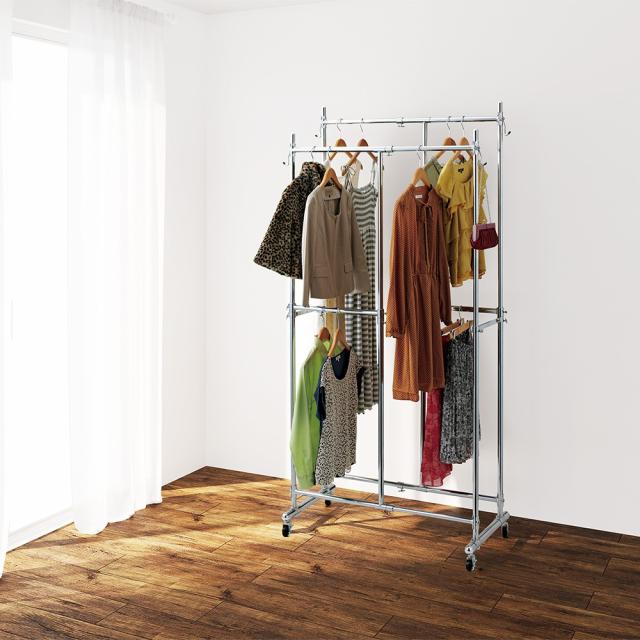 幅と高さが変えられるプロ仕様頑丈ハンガー 上下2段掛け付き ダブルタイプ・幅70cm-92cm ハンガーラック パイプハンガー 589315