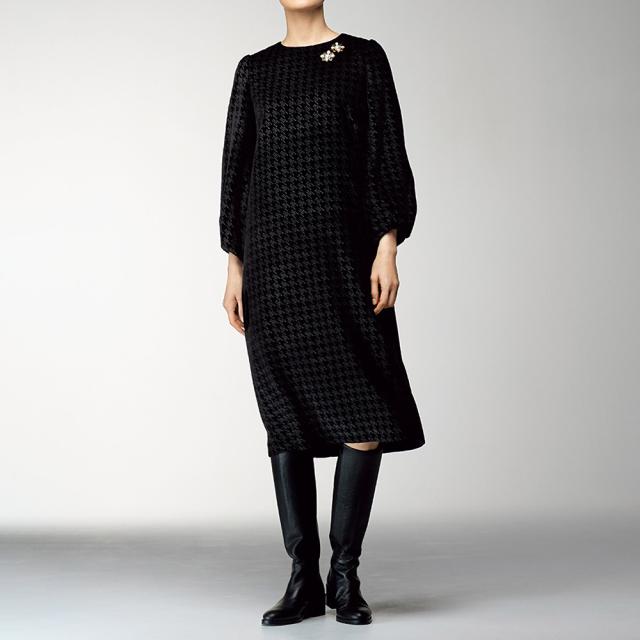 イタリア素材 シルク混 千鳥柄 ベルベット ワンピース ファッション ワンピース PC6095