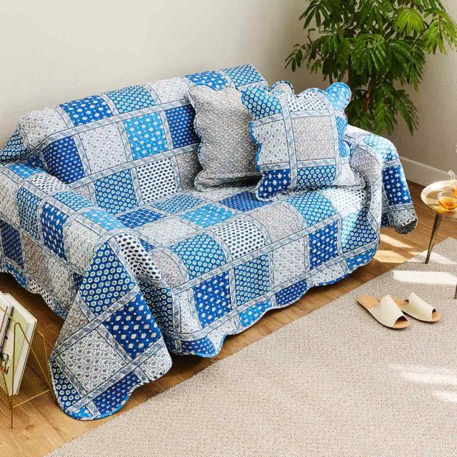 【大判】ソファーカバー　カンタキルト　ブロックプリントキルト L】花柄 ハンドブロックプリント カンタキルト ソファカバー ブルー