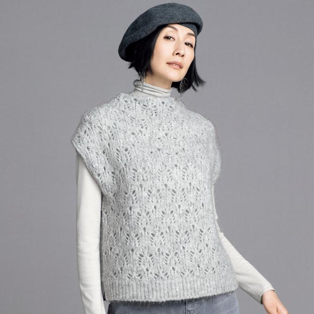 スパンコール入り キッドモヘヤ 透かし編み ジレ ジャケット ベスト ジレ 108501