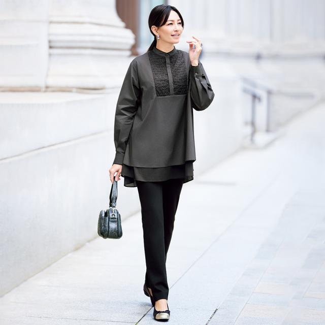 刺しゅう使い レイヤード風 チュニック チュニック 長袖 七分袖