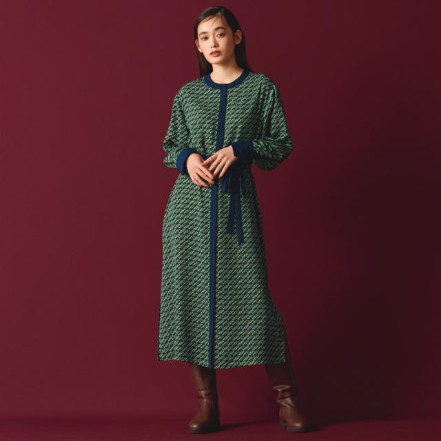 幾何学柄プリント バイカラーワンピース ワンピース マキシワンピース ロングワンピース 119102