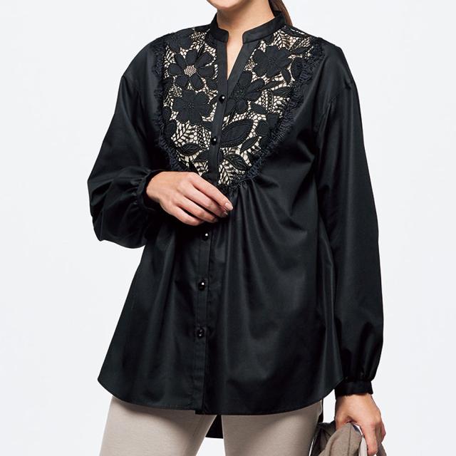 レース切り替え パフスリーブ チュニック ファッション シャツ ブラウス PC5958