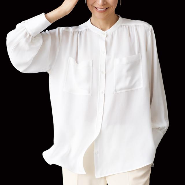 シルクジョーゼット バンドカラーブラウス ファッション シャツ ブラウス PC5987