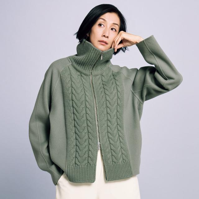 ケーブルニット＆ウール一重仕立て ショートコート ニット セーター ニットジャケット ニットコート 129001