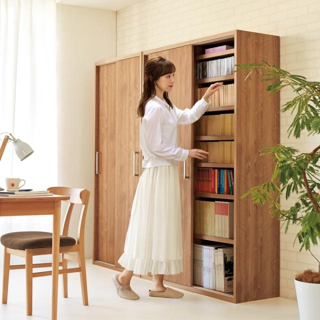天然木調引き戸本棚 ハイタイプ 幅78cm奥行40cm 本棚 ラック シェルフ CD DVDラック 628019