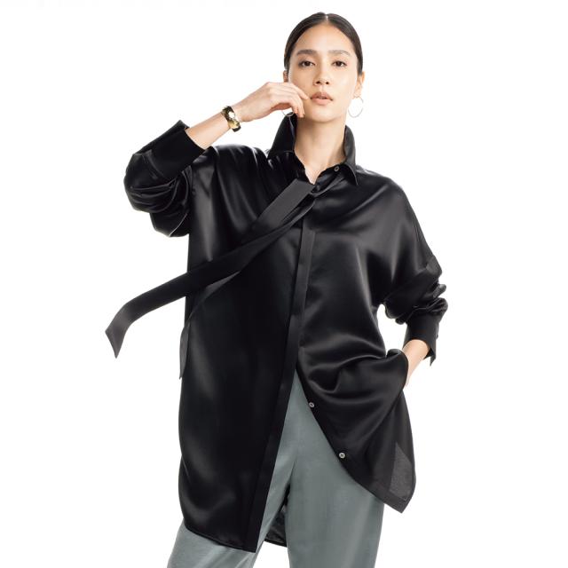 押田比呂美コラボ トリアセテート混 サテン ロングブラウス シャツ ブラウス 163901