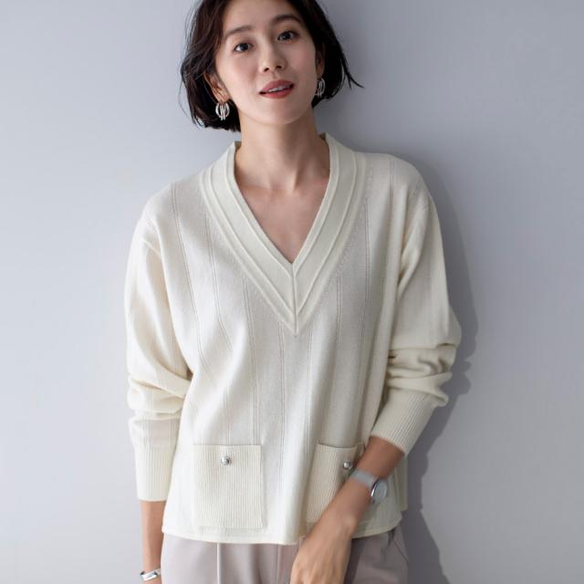 カシミヤ混リブポケット Vネックニットプルオーバー ニット セーター ニットセーター N60707