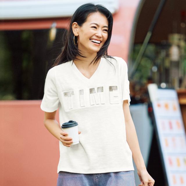 スラブジャージー エンボス加工＆箔プリント Tシャツ シャツ ブラウス プルオーバー 180601